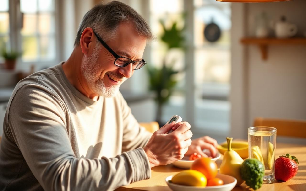 Man checking healthy glucose levels at home