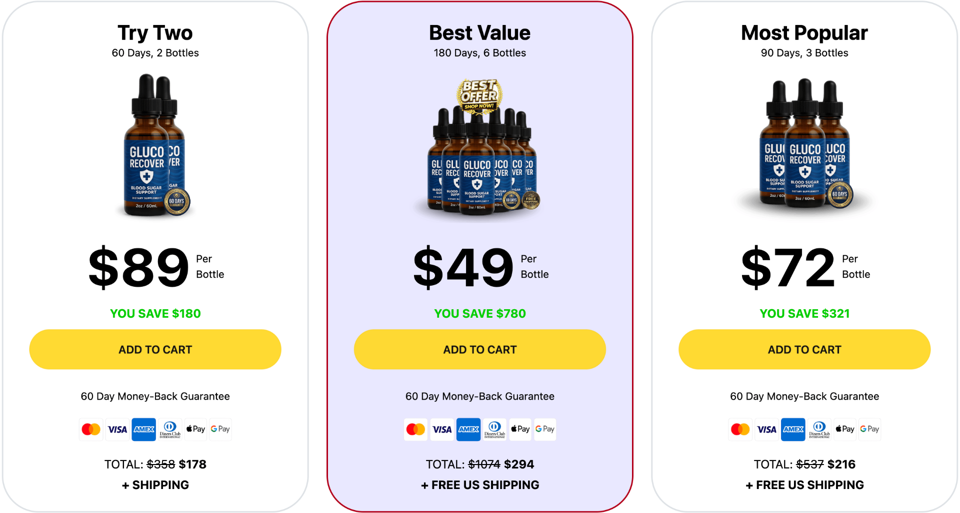 Gluco Recover pricing options: 2, 3, or 6 bottle packs